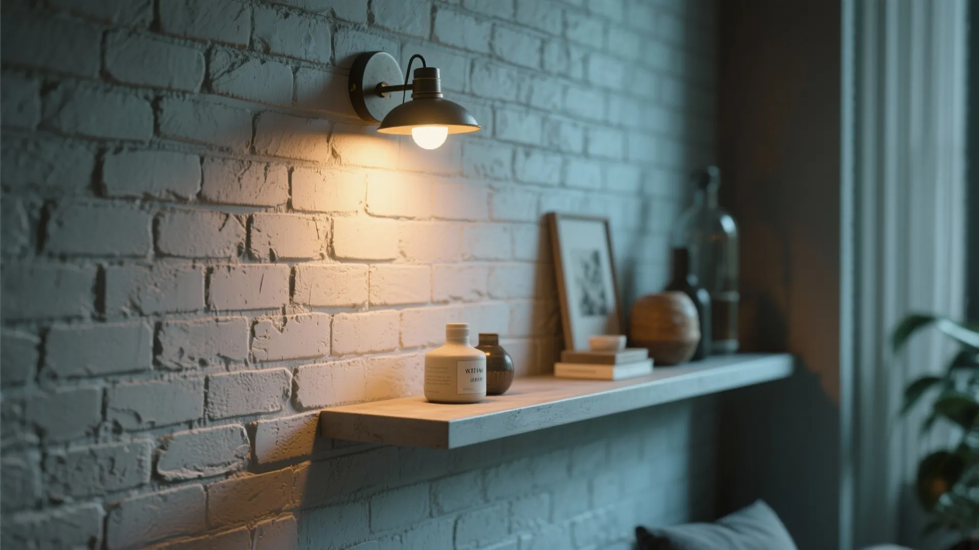 Black wall light shining on a wooden shelf with decorative bottles against a white wall