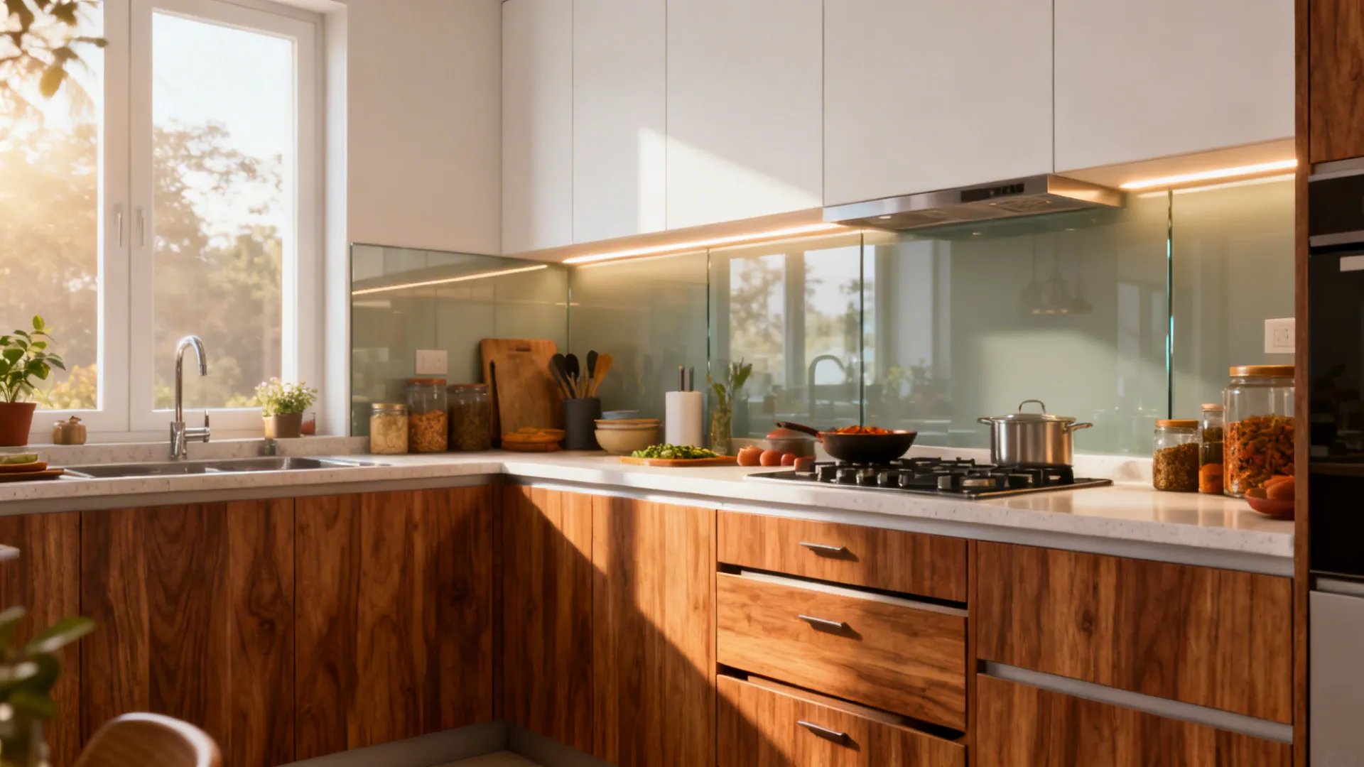 Balanced small Indian kitchen with smart layout, warm wood, and glass backsplash in daylight.