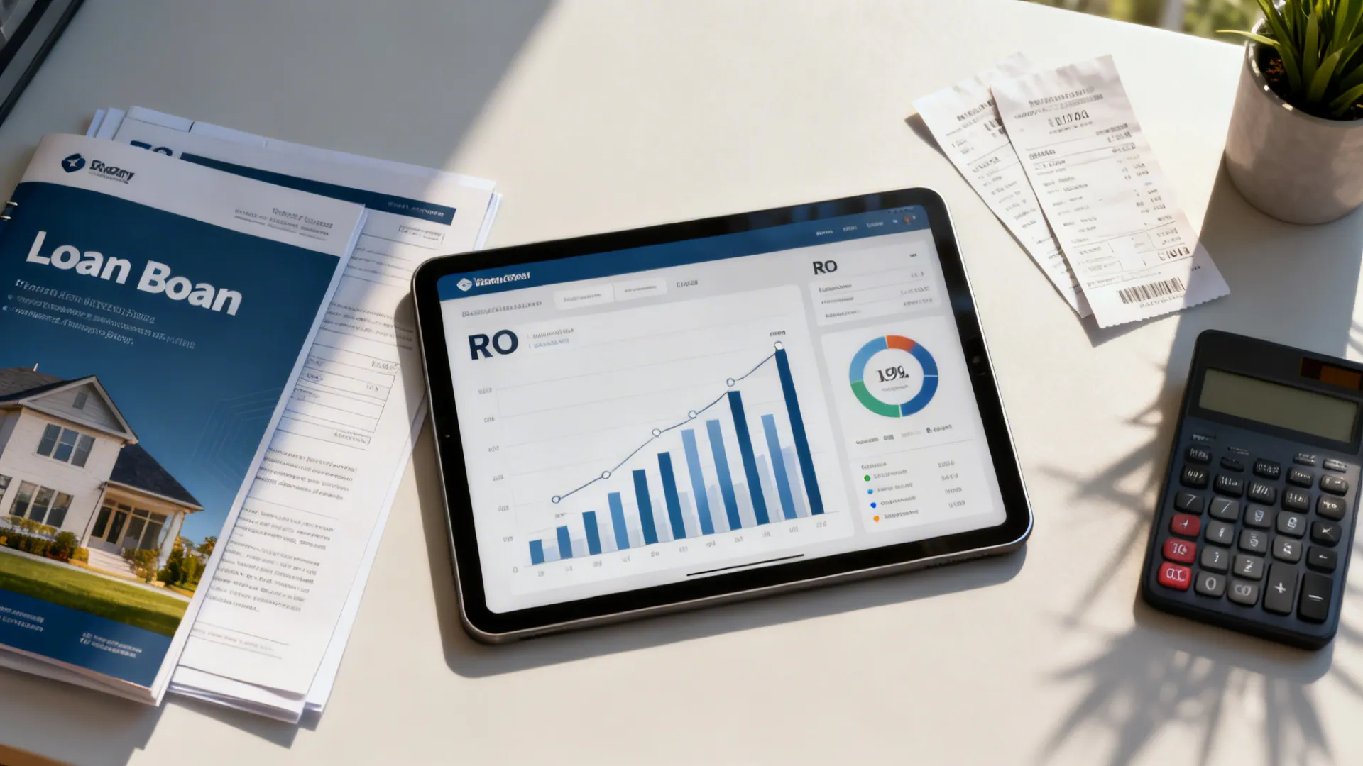 Tablet displaying financial charts next to home loan documents and a calculator on a desk