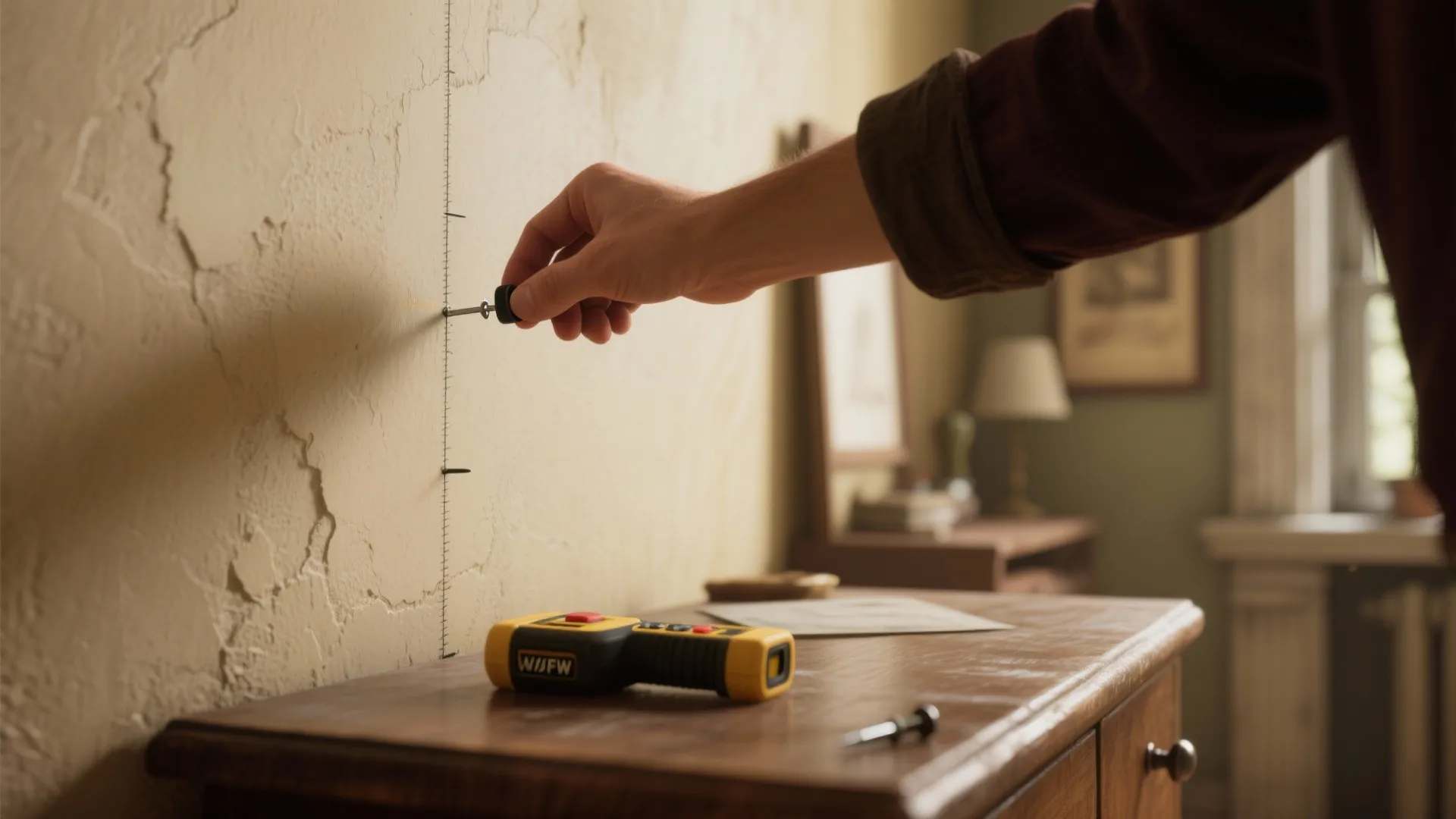 Person marking a wall with a tool while a yellow electronic device sits on cabinet