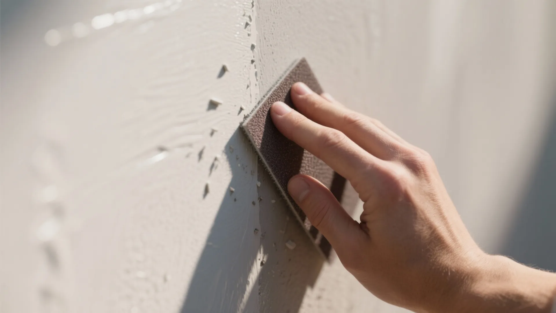 A person using a small hand sanding block to smooth a white textured wall surface