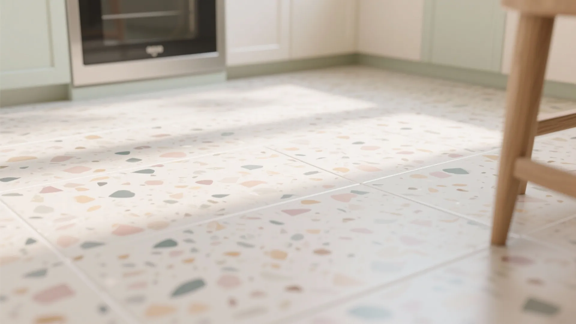 Kitchen area featuring colorful speckled floor tiles white cabinets wooden chair leg and bright light