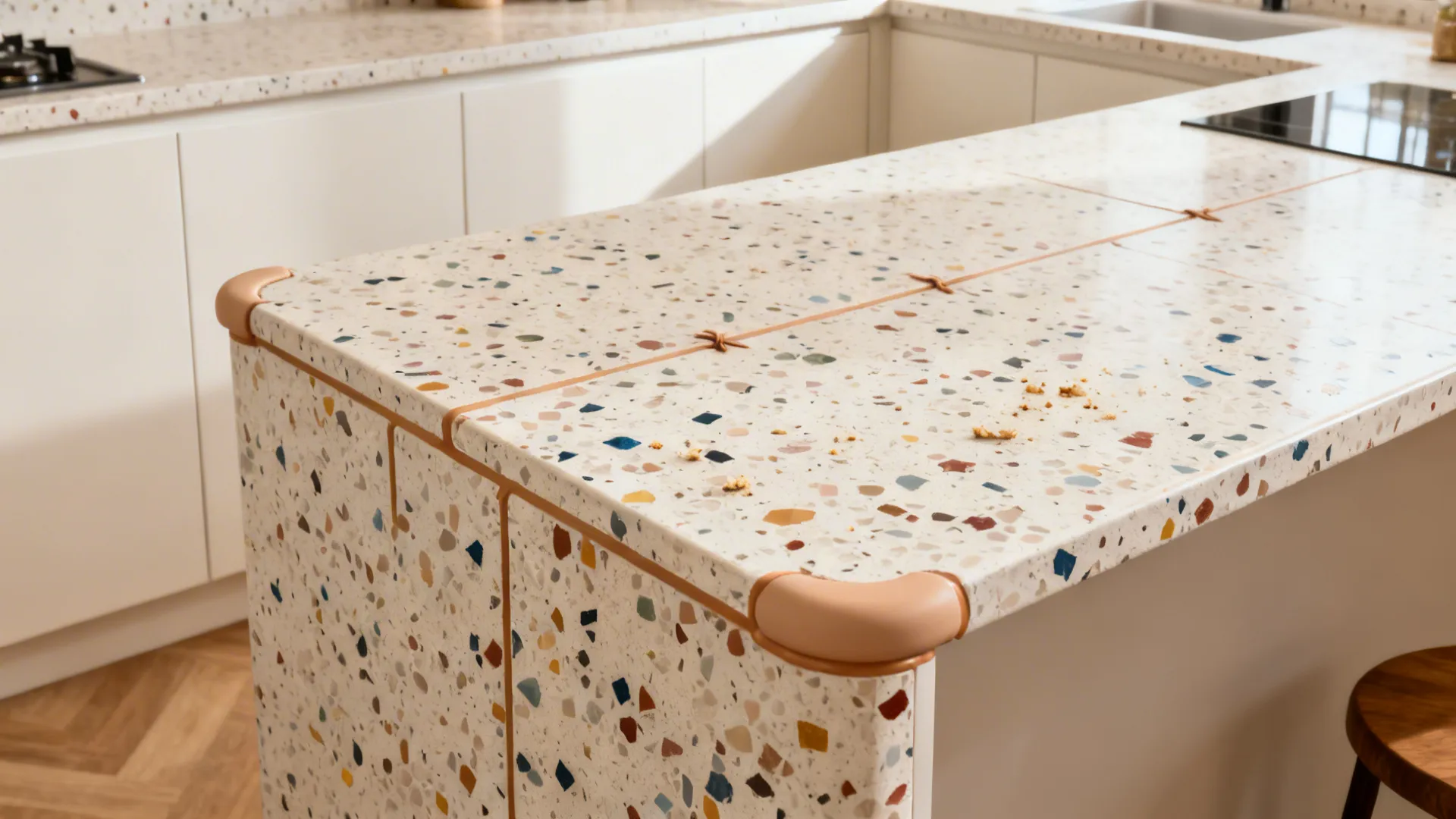 Small kitchen peninsula with fine-chip terrazzo tile and rounded corner detail.