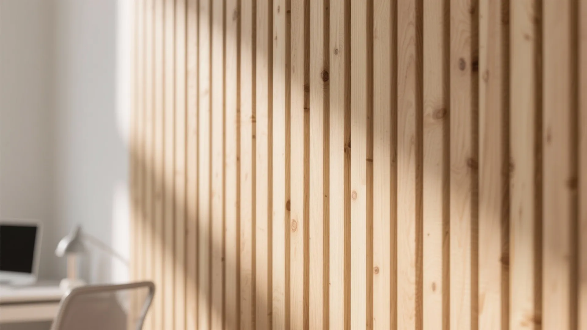 Close up of vertical wooden wall panel strips in a bright room with natural sunlight