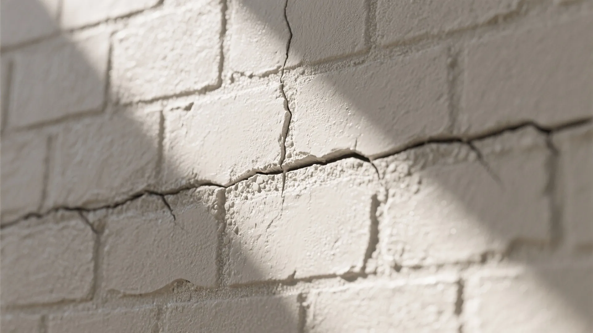 Close up view of a white brick wall with deep cracks under soft natural sunlight shadows