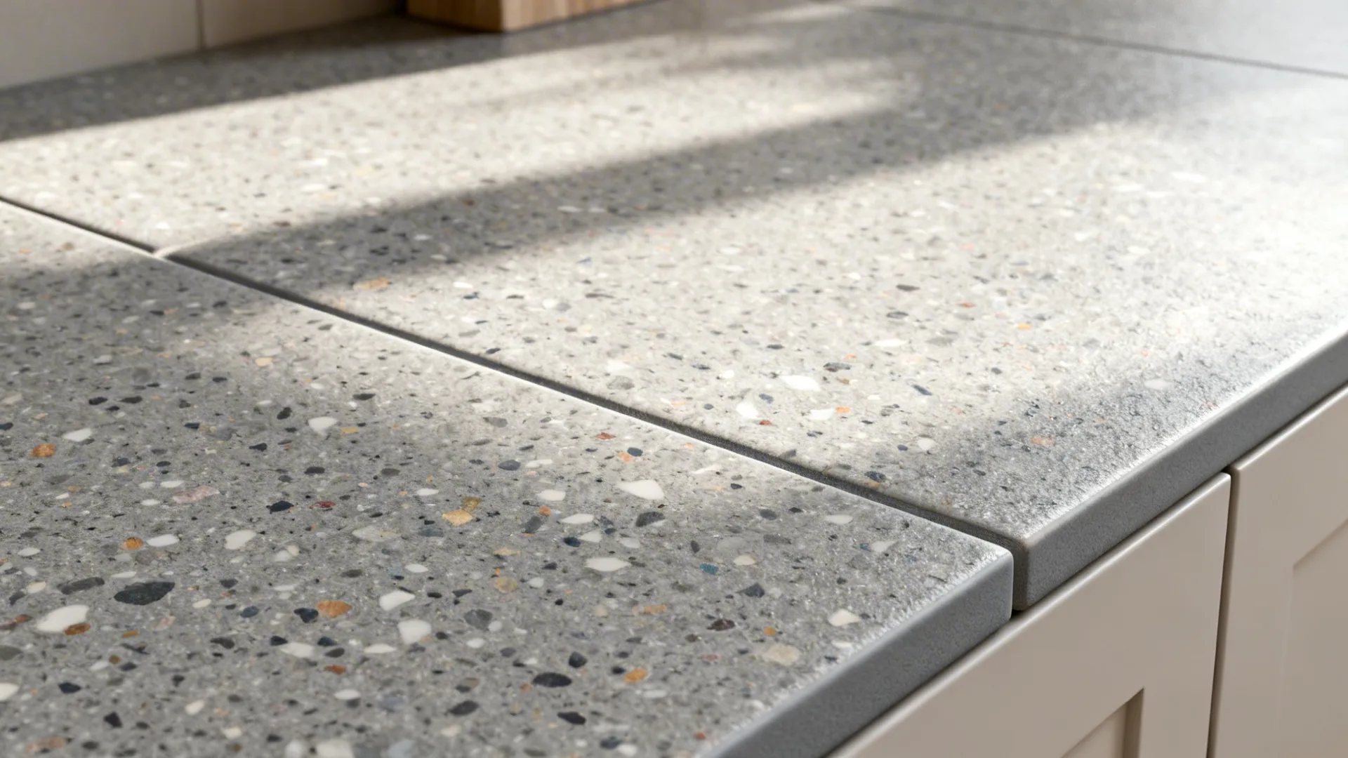 Macro of grey terrazzo-look porcelain tile with fine aggregate and mid-grey grout.
