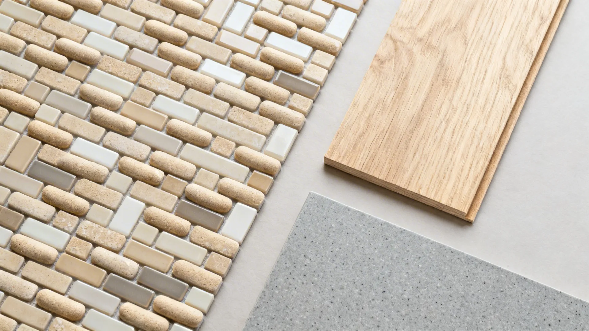 Top-down flatlay with sand finger mosaic tiles and oak and countertop swatches.