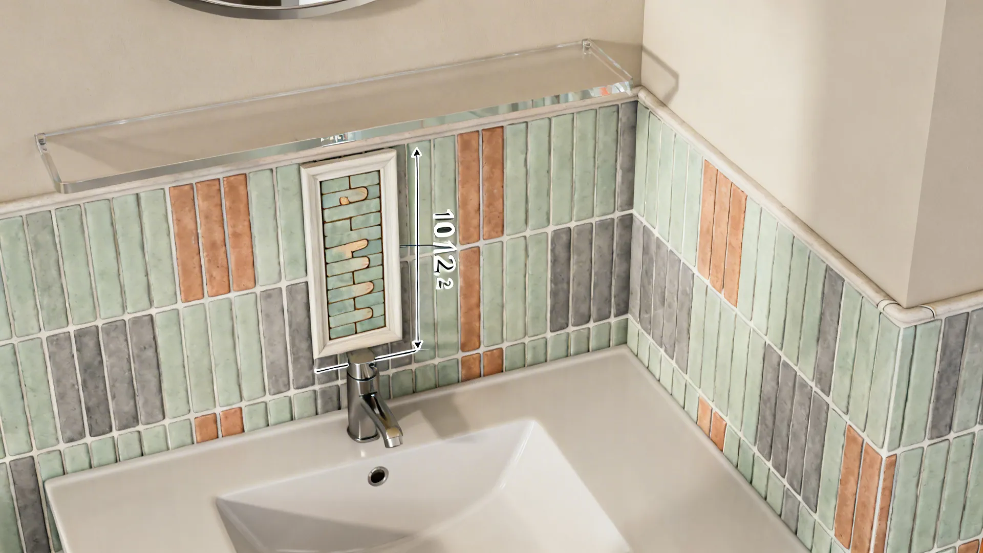 Top-down layout of a framed vertical finger mosaic panel behind a basin.