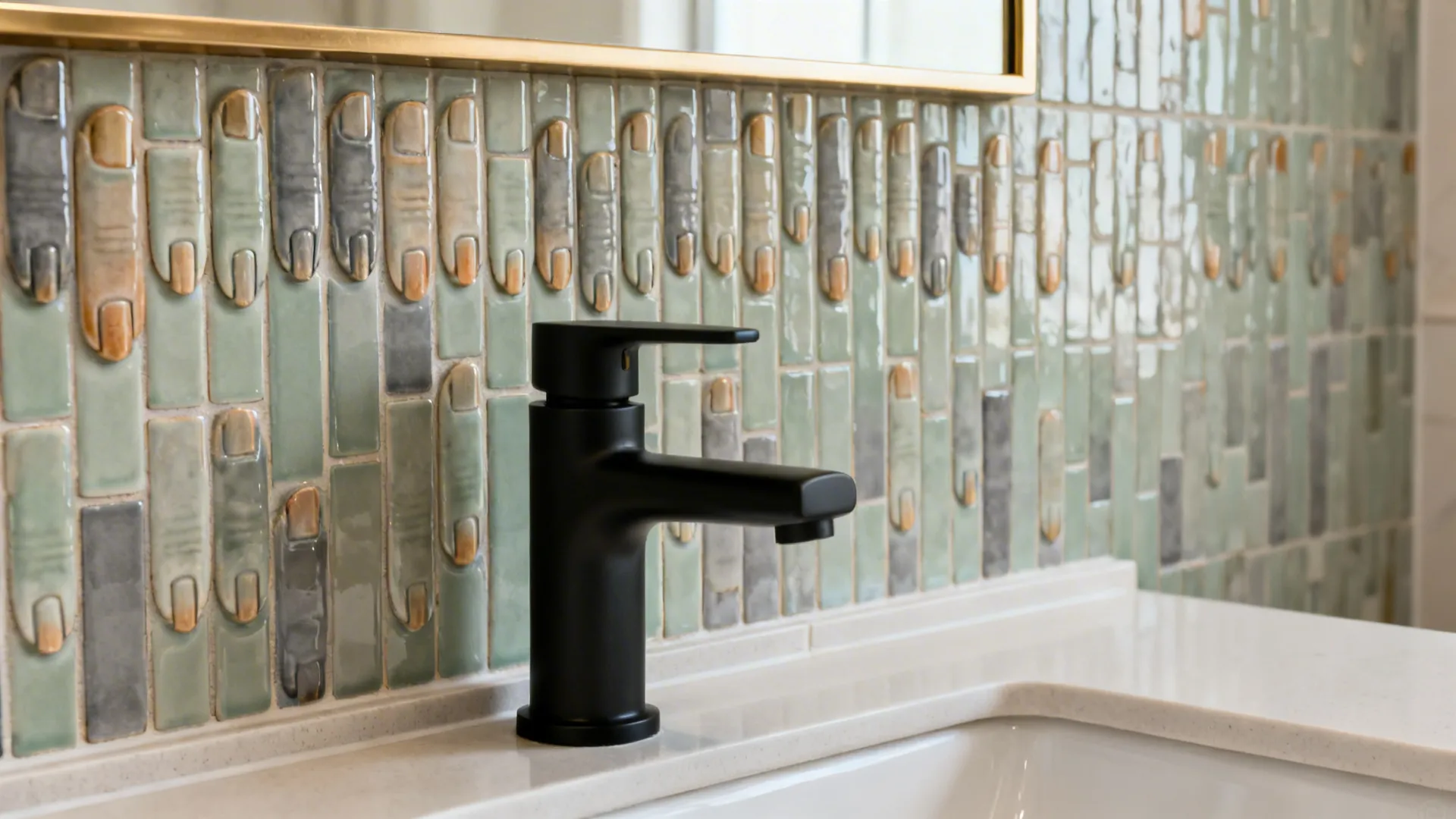 Vertical finger mosaic tiles in soft sage and warm gray frame a dining room basin.