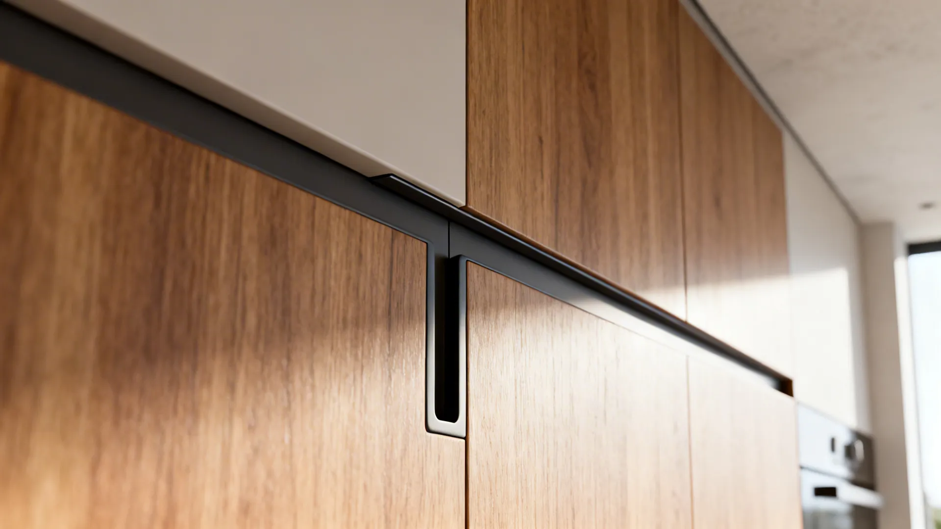 Close up of wooden kitchen cabinet doors with black built in handles and white surfaces