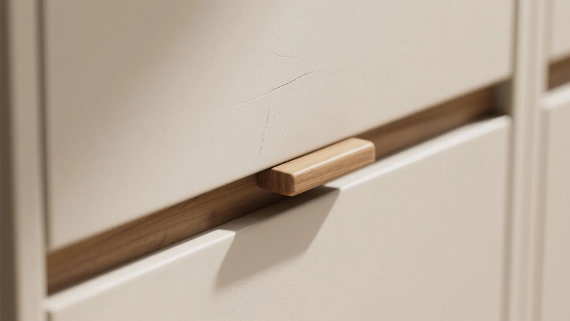 Close up of white cabinet drawers with a slim wooden handle and clean modern surfaces