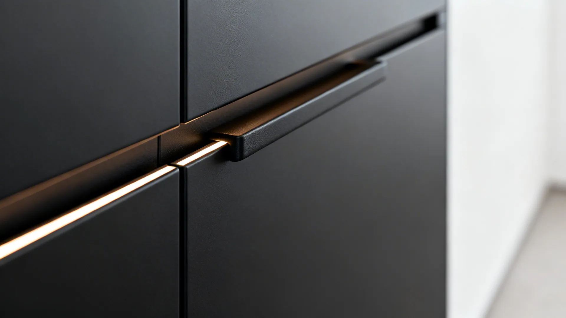 Macro of a matte black cabinet finger pull showing precise routing and texture.