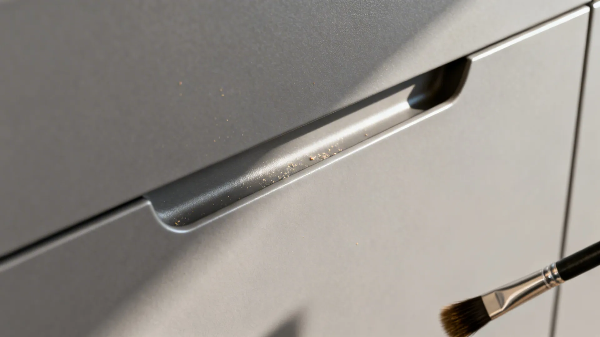 Macro of a matte modular cabinet finger-pull channel with subtle texture under daylight.