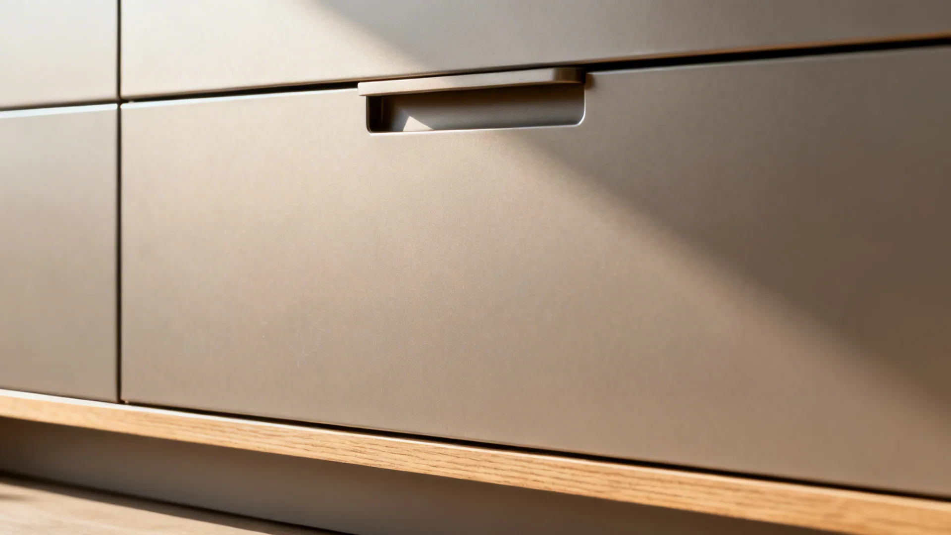 Macro of a matte slab cabinet with integrated finger pull and seamless toe-kick line.