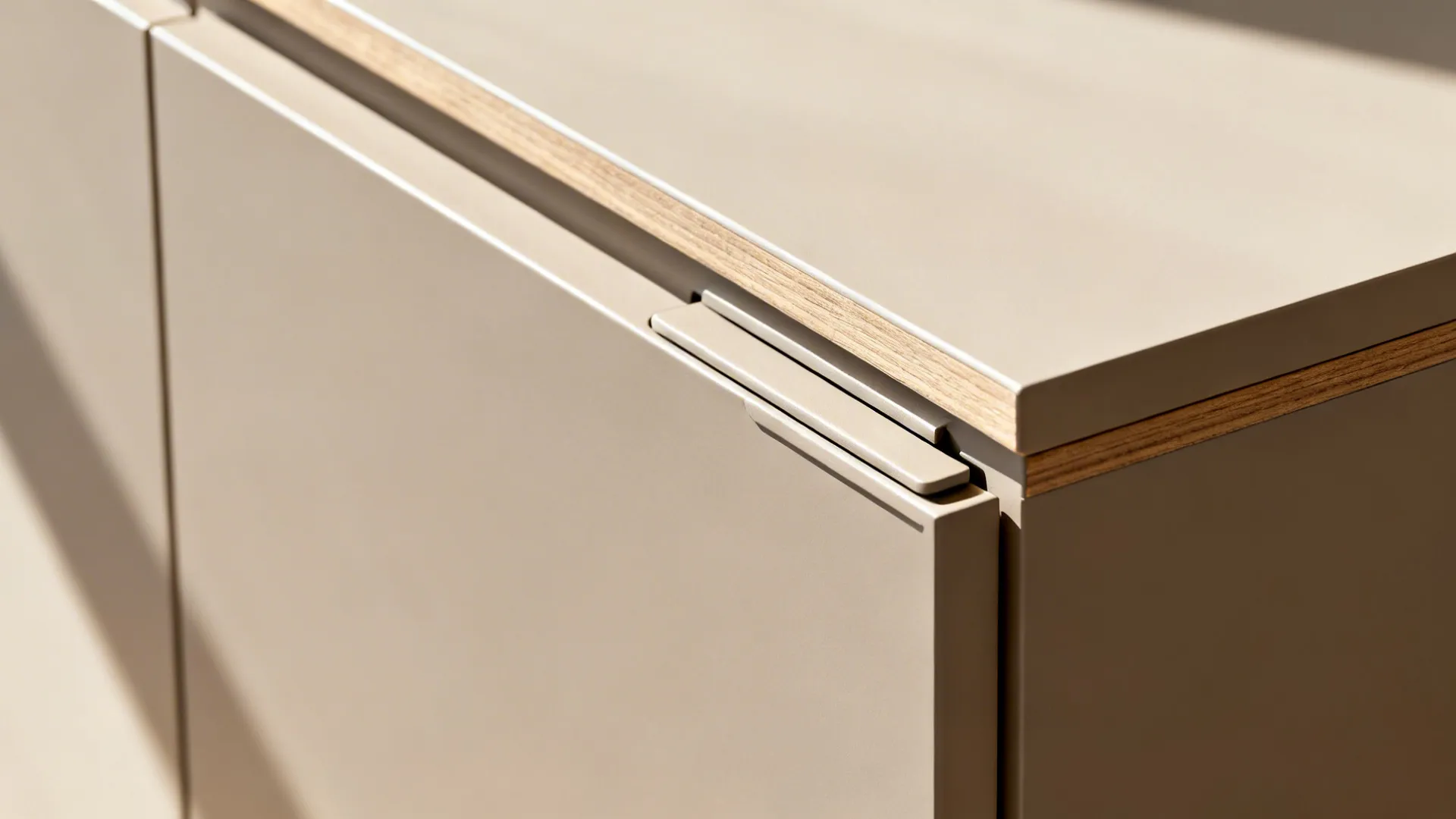 Macro view of matte slab cabinet door with integrated finger pull and crisp edge-banding.