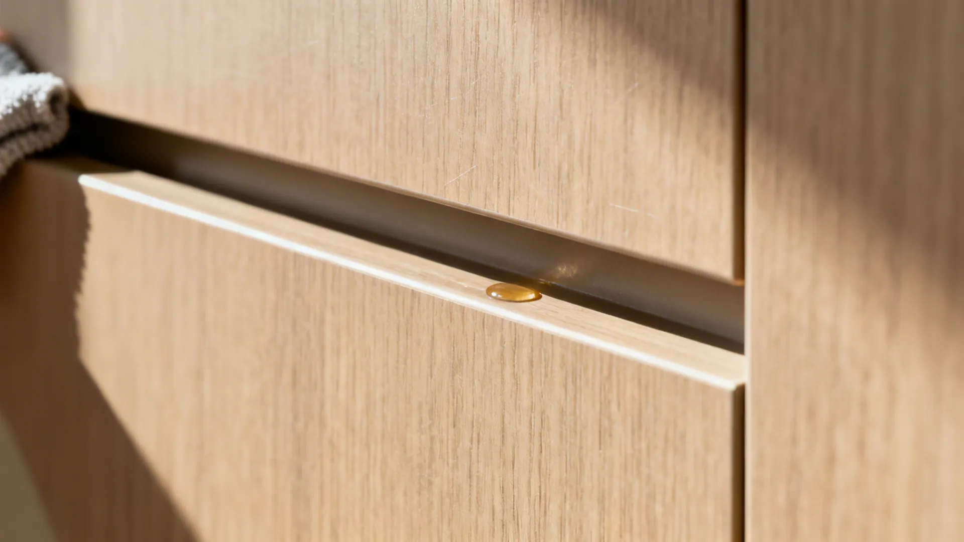 Macro view of matte cabinet finger-pull channel with subtle wood texture.