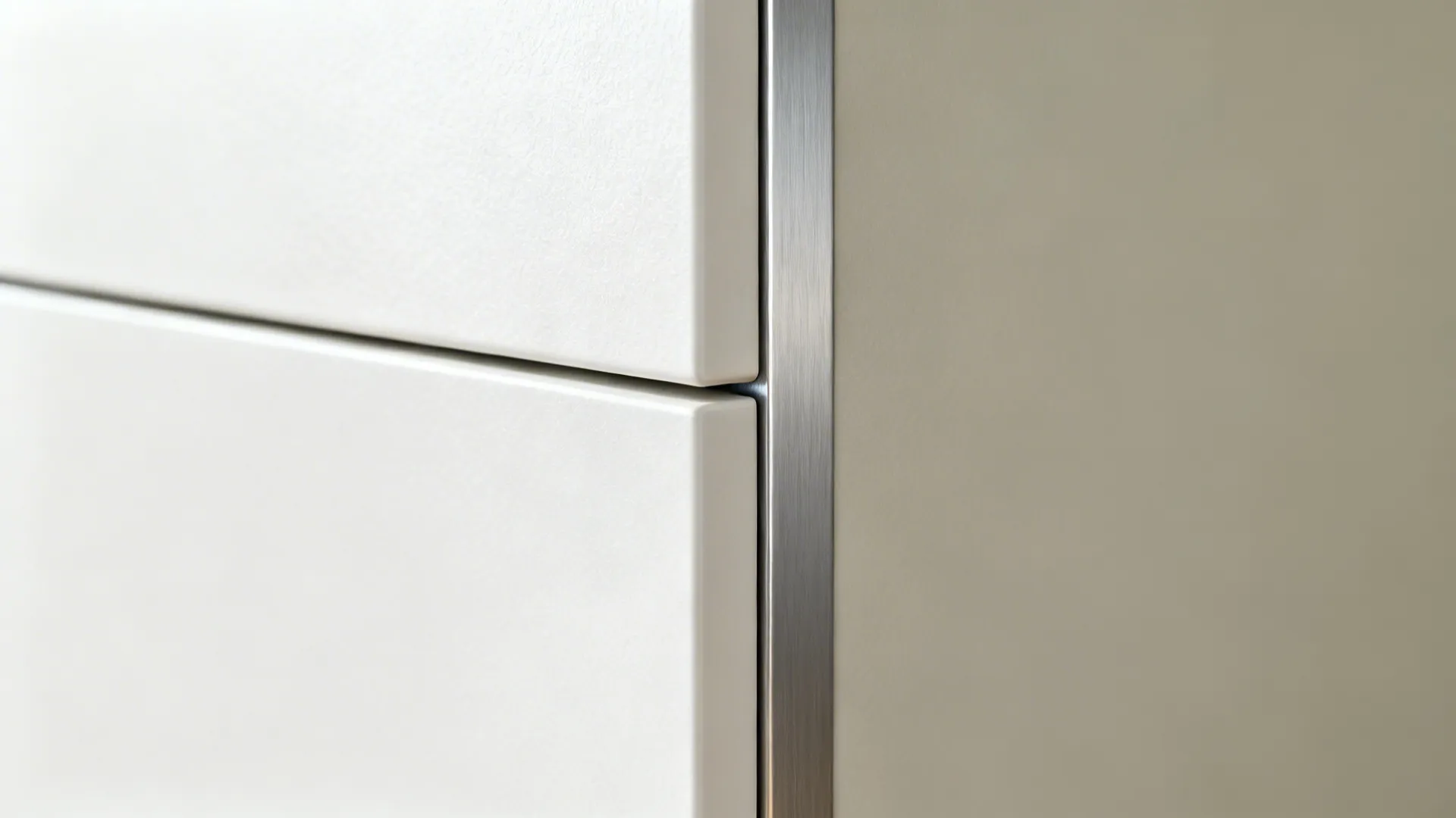 Close up of white kitchen drawers featuring a vertical silver metal finger pull handle design