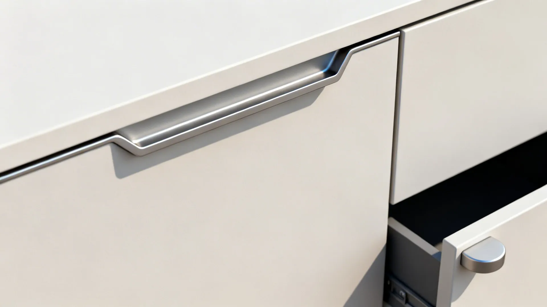 Close-up of an integrated finger rail with a clean reveal and a rounded-edge tab pull.
