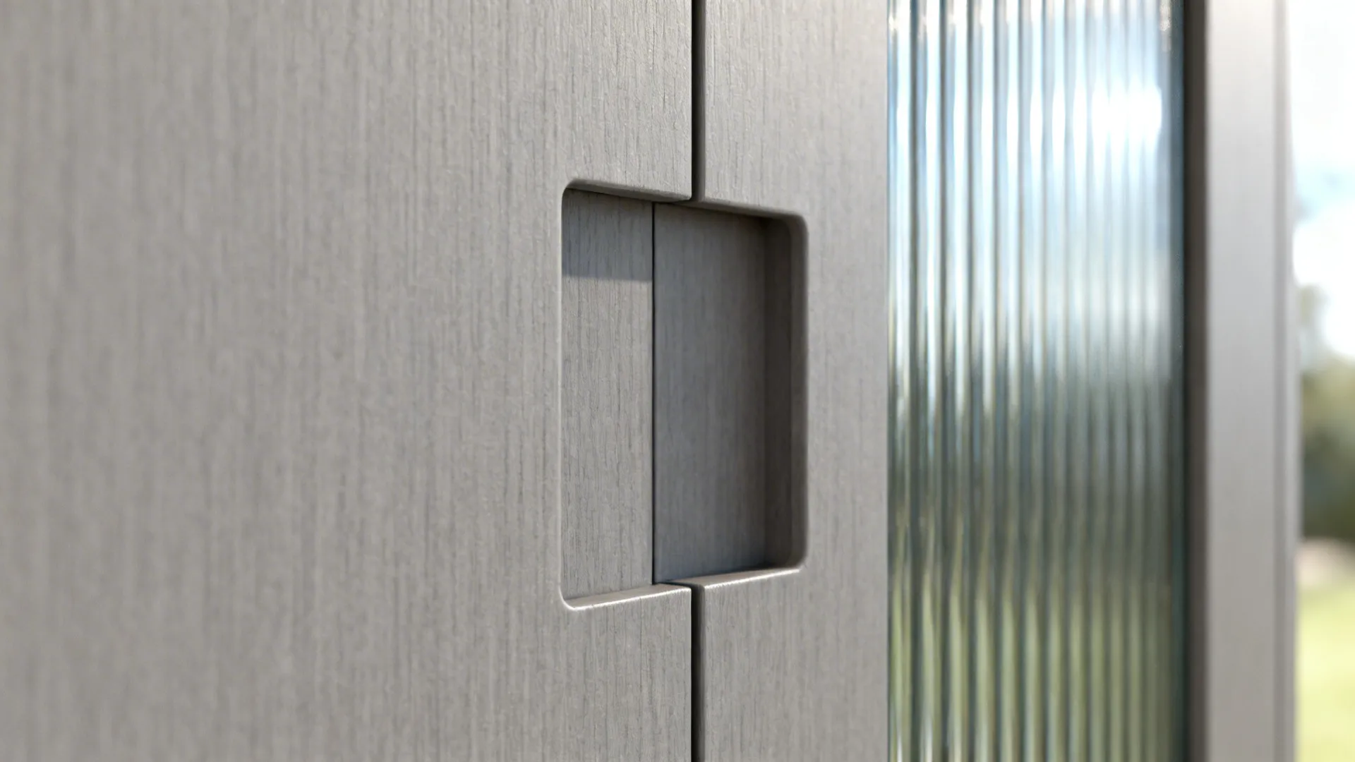 Close-up of an integrated finger pull on a matte gray cabinet with precise alignment.