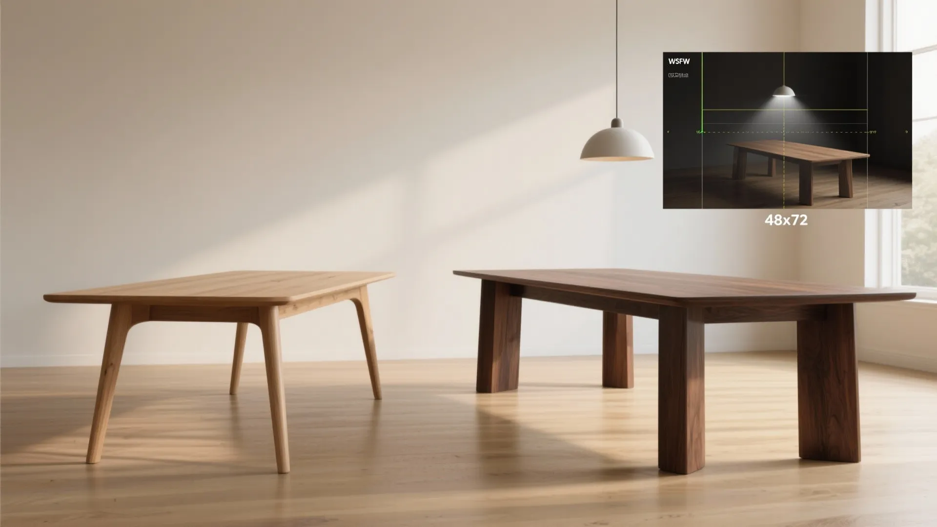 Interior design drawing of a wooden dining table with a ceiling light and 3D measurement