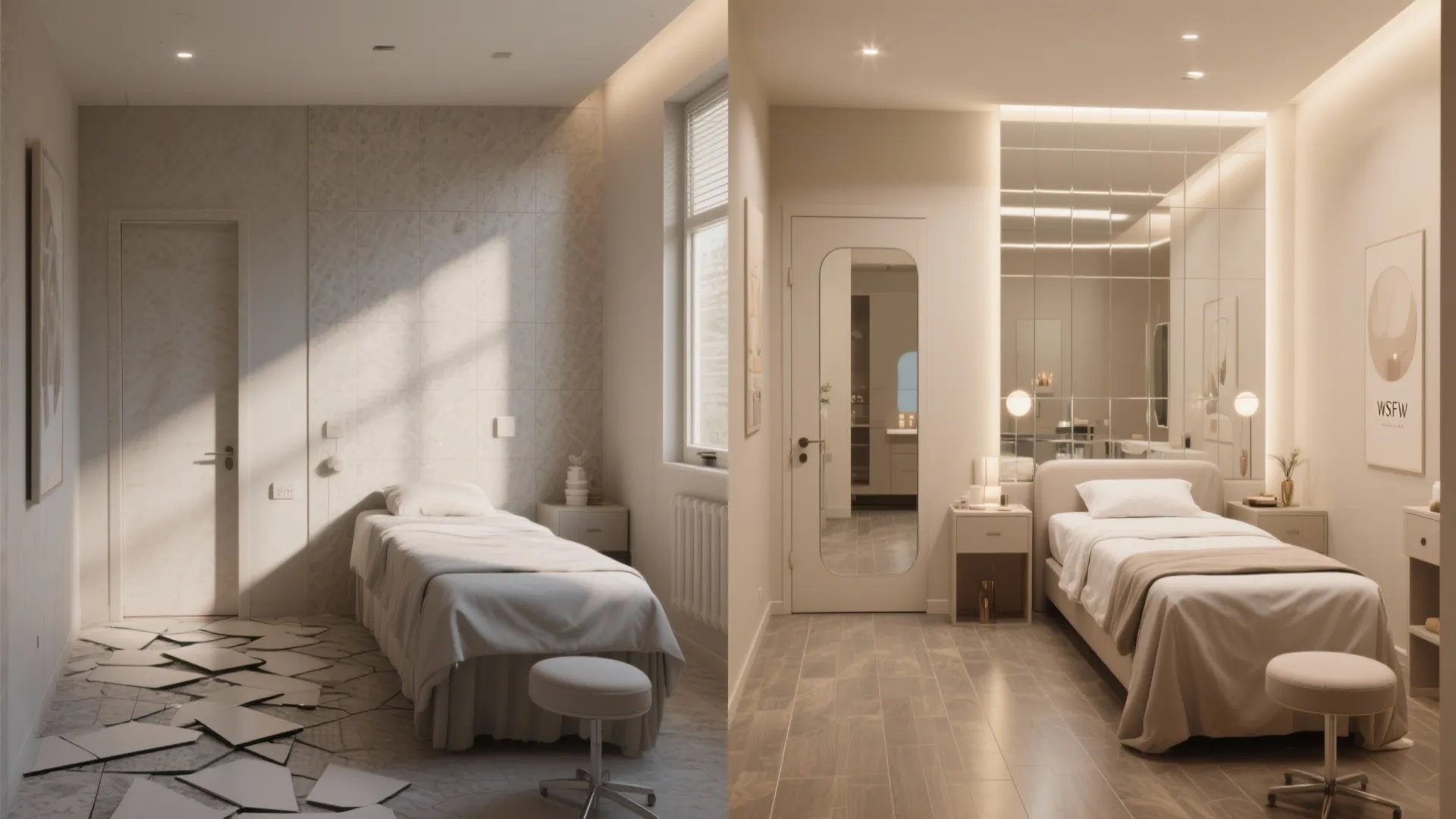 Side by side comparison of messy bedroom floor versus modern finished room with warm light