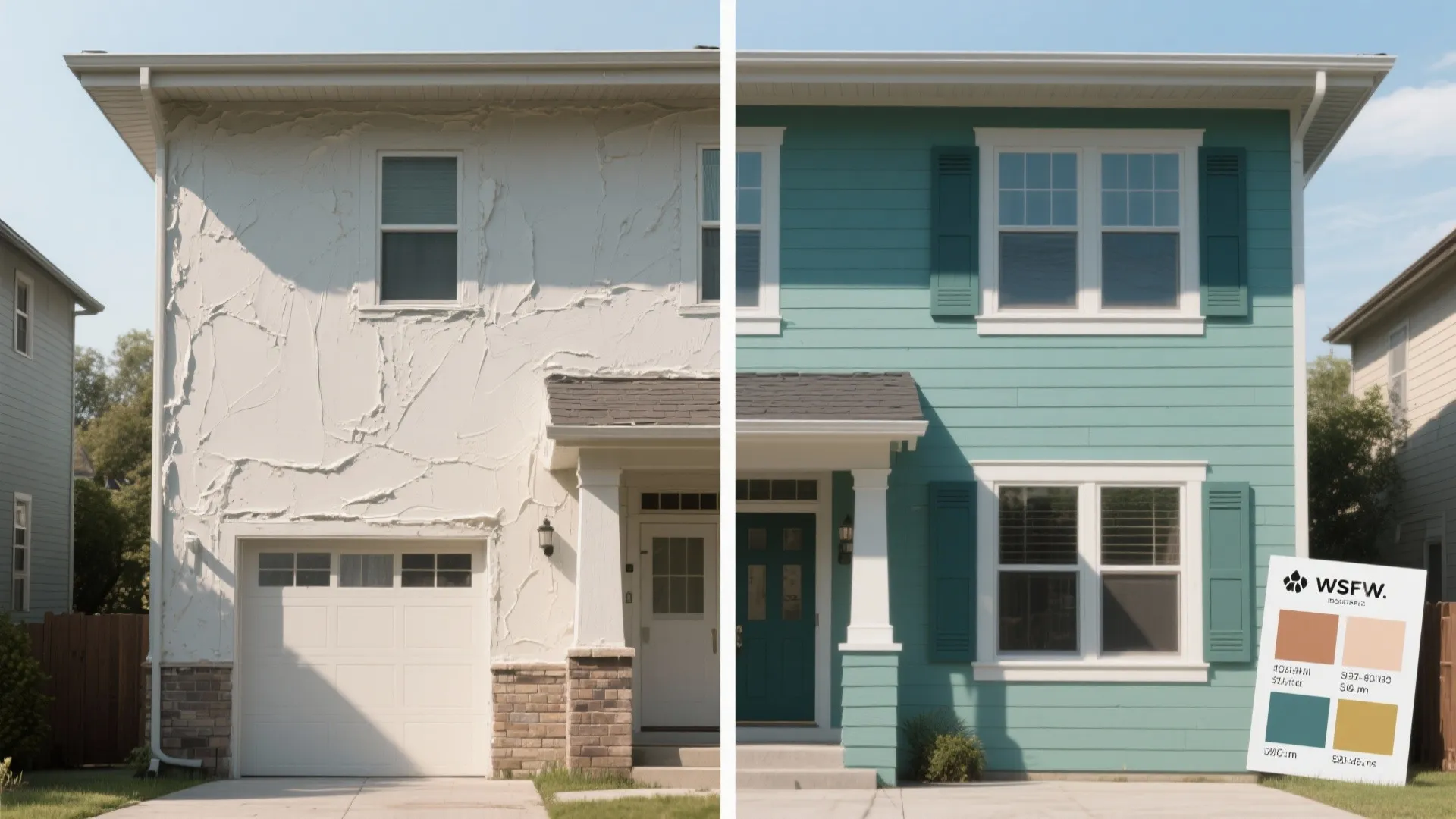 Split before-and-after of a house facade showing a heavy single coat versus two thin spray coats with a paint formula card inset.