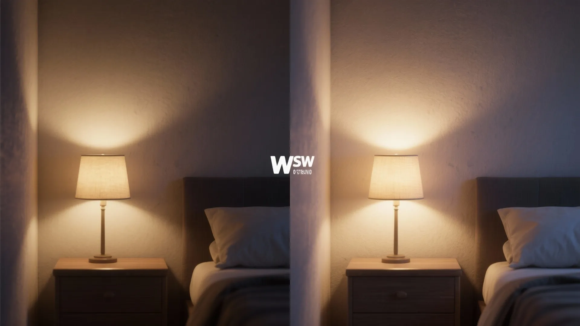 Side by side view of two table lamps on nightstands with slightly different lighting effects