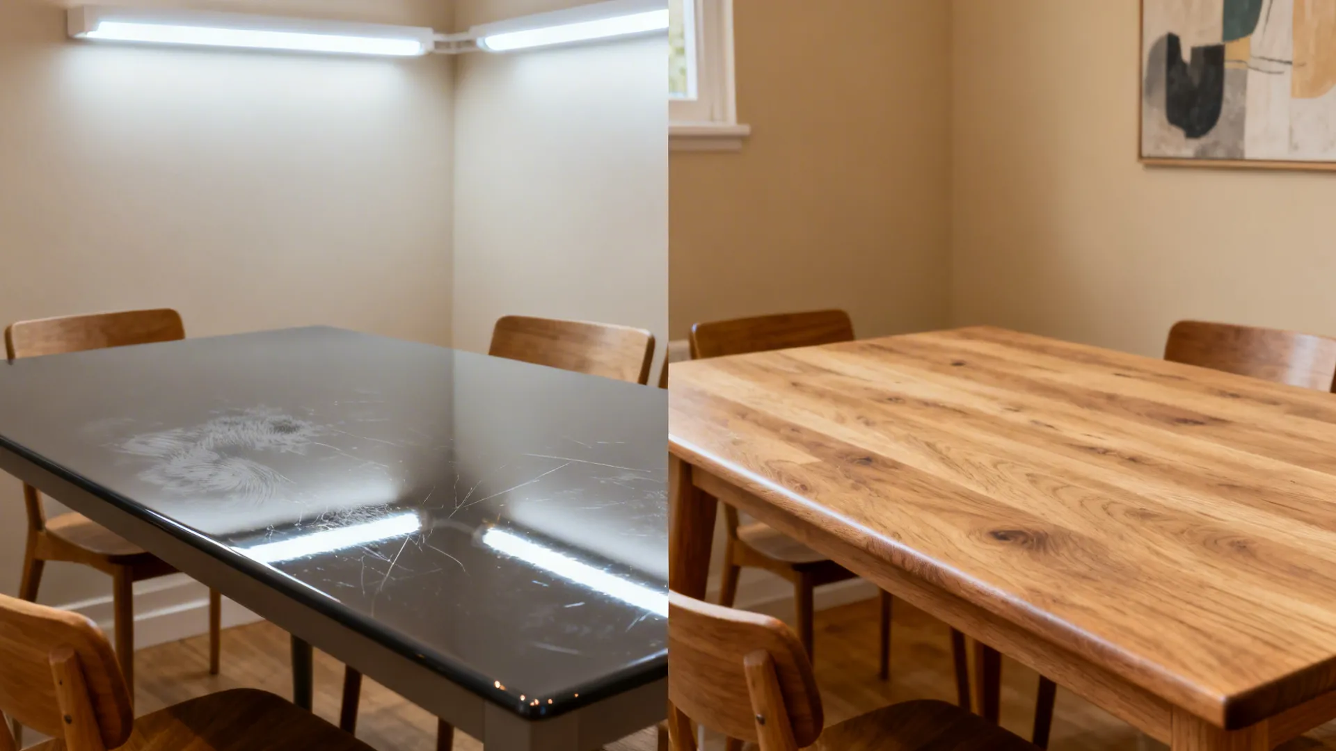 Comparison of glossy tabletop showing scratches versus matte textured oak resisting glare and wear.