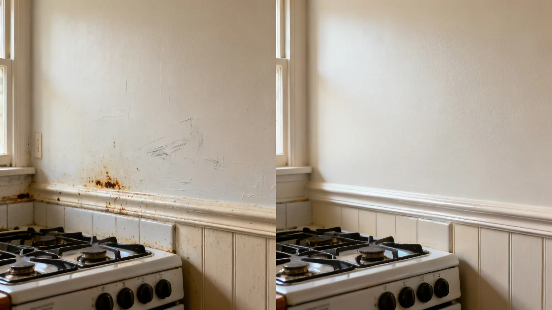 Before-and-after of kitchen wall finish showing improved cleanability with satin and semi-gloss.