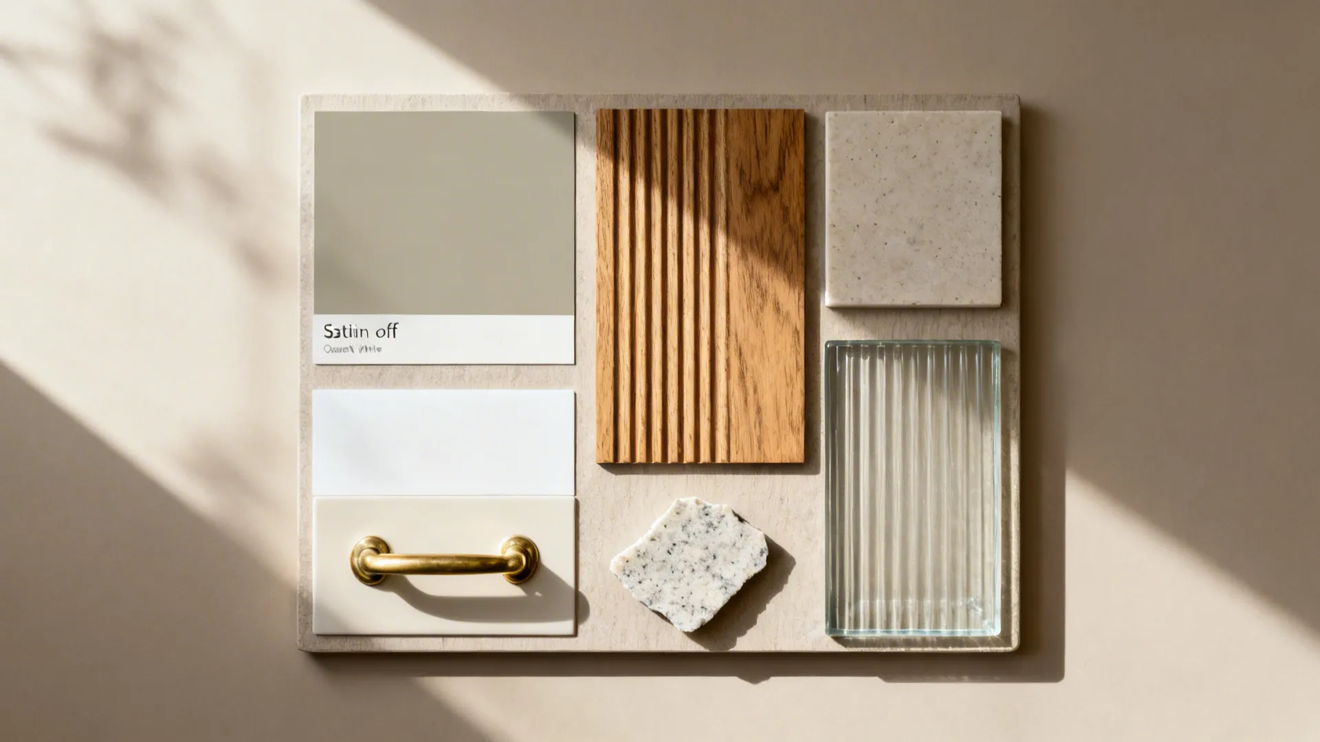 Top-down finish board with matte paints, oak veneer, brushed brass, reeded glass, and quartz.