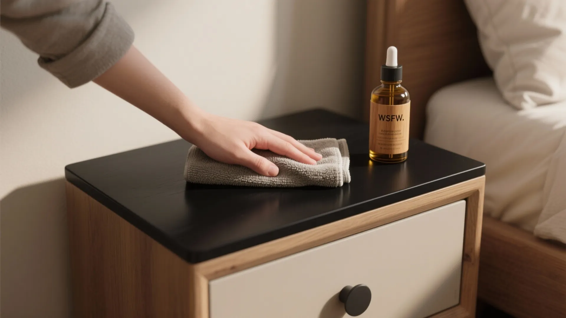 Microfiber cloth and wood care oil beside a matte black surface demonstrating finish maintenance