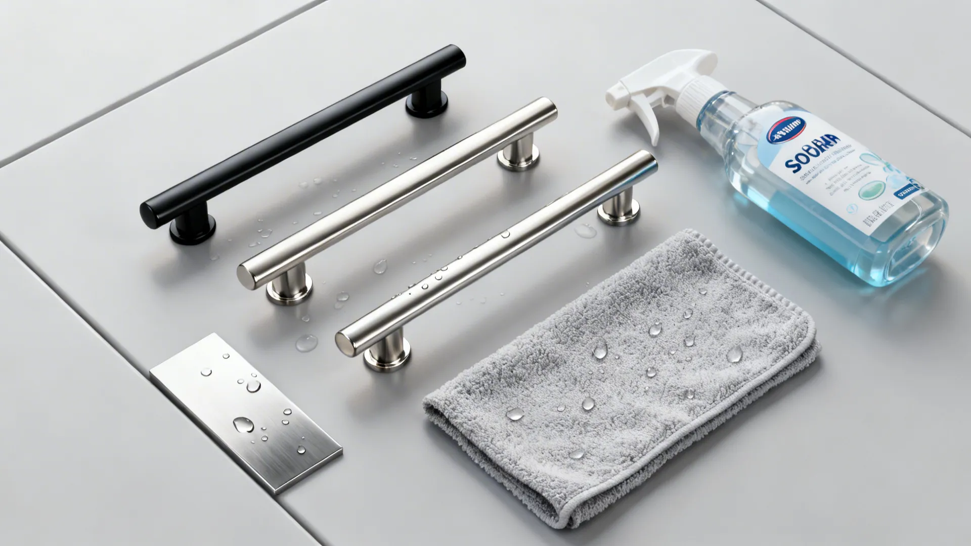Flat lay of PVD matte black and brushed nickel pulls with a microfiber cloth and mild cleaner.