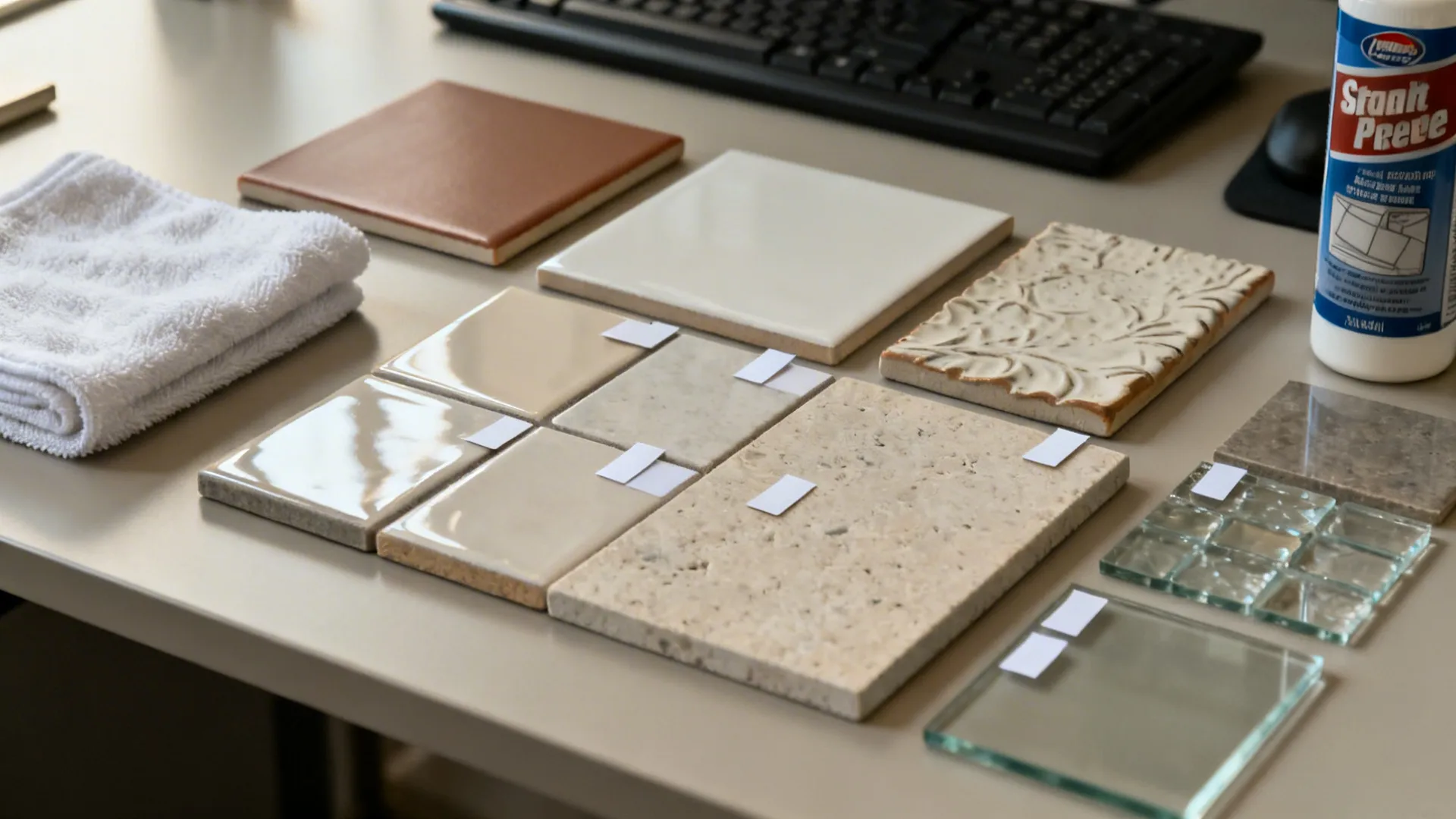 Flatlay of tile finishes including matte ceramic, satin porcelain, glossy ceramic, textured, glass, and stone.