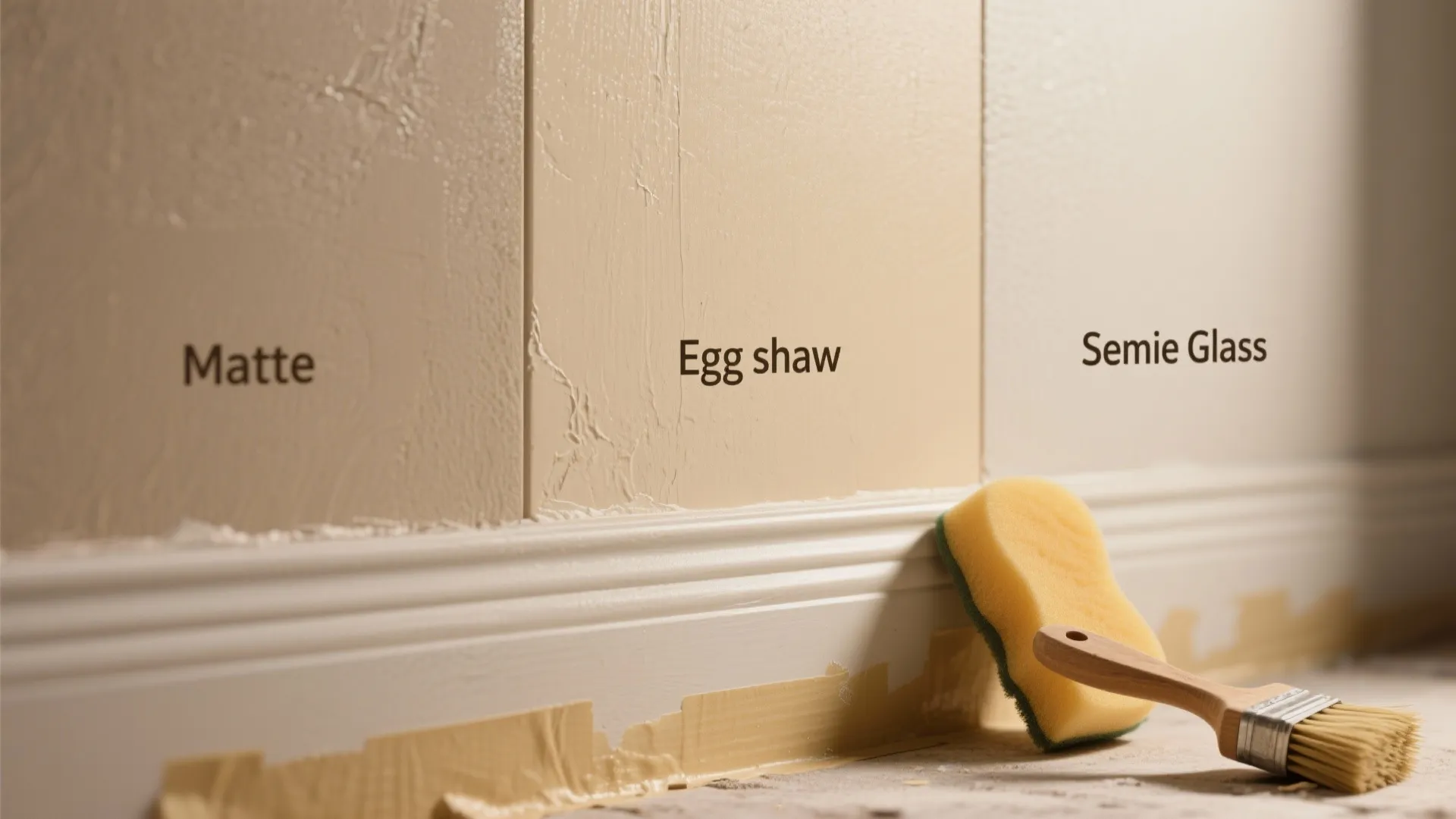 Wall paint texture comparison showing matte eggshell and semi gloss finishes with a cleaning sponge tool