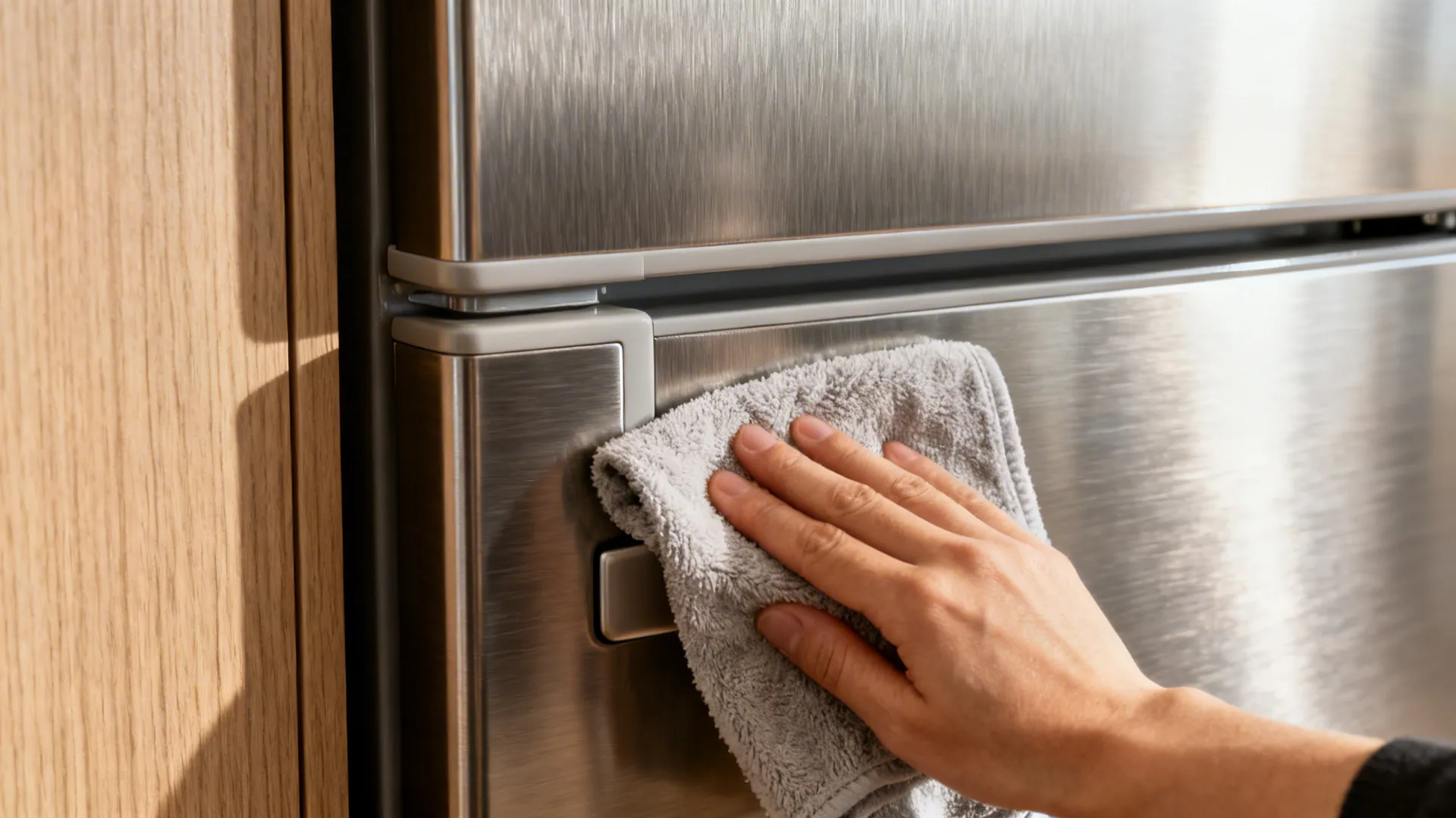 Macro of a matte stainless fridge door with concealed handle being wiped clean.