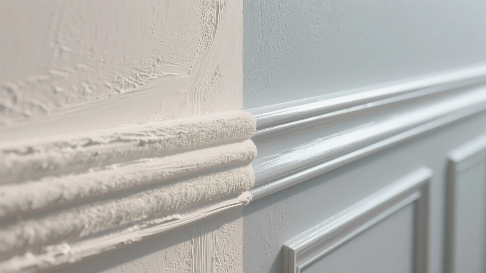 Close-up comparison of eggshell wall texture and semi-gloss trim showing different sheens and maintenance benefits.