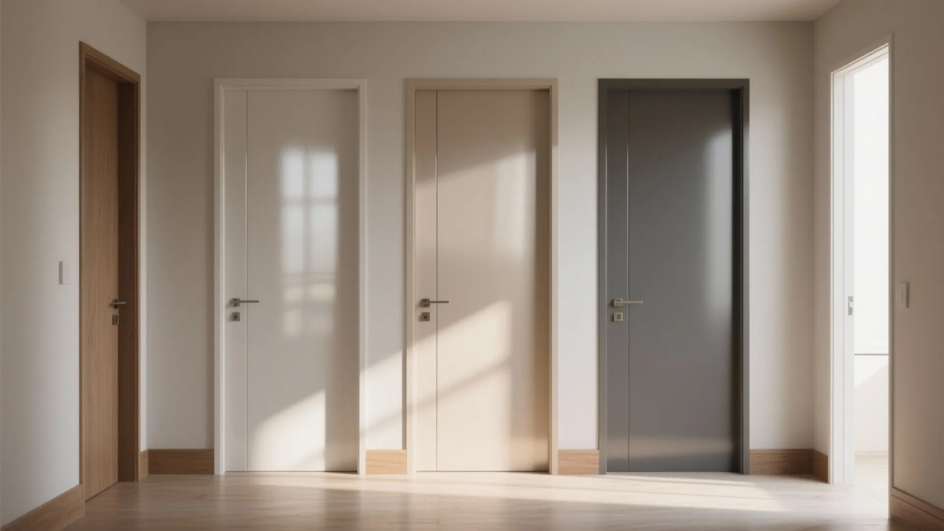 Modern hallway interior design showing three bedroom doors in white beige and dark grey colors
