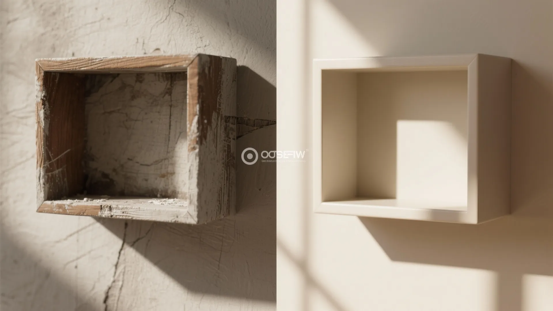 Before and after comparison of a rough wooden shelf and a smooth finished white wall shelf