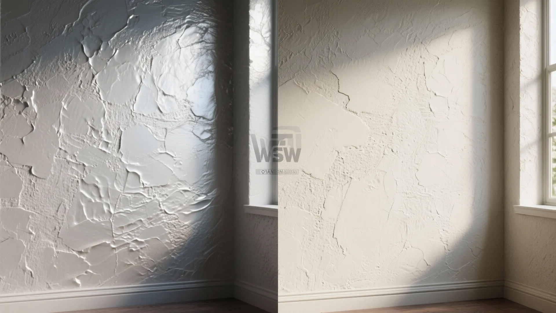 Before and after comparison of glossy wet wall texture versus a dry matte wall surface