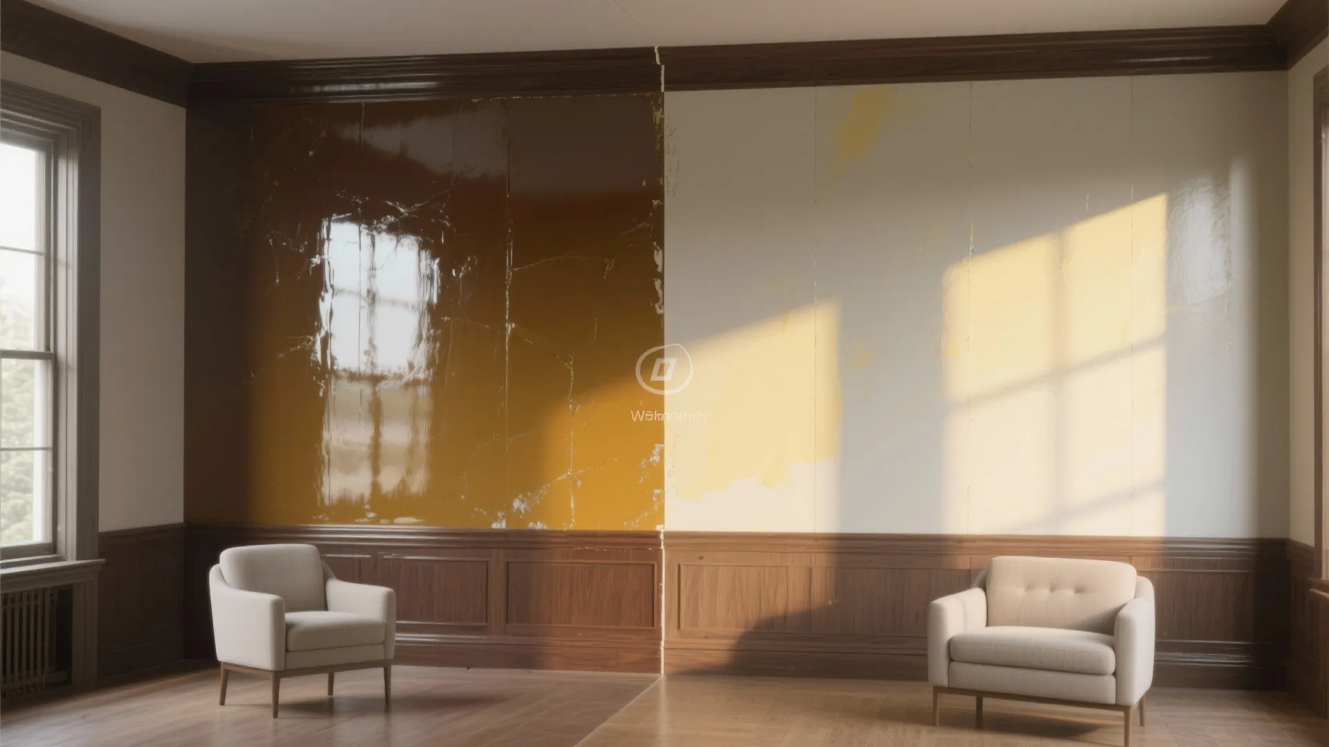 Side-by-side comparison of brown glossy wall paint versus light beige wall paint in a room