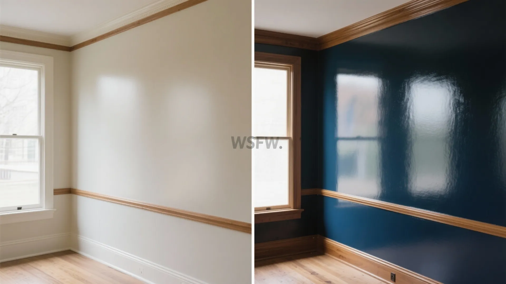 Before and after comparison of satin walls with matte trim versus high-gloss trim and deep color walls.