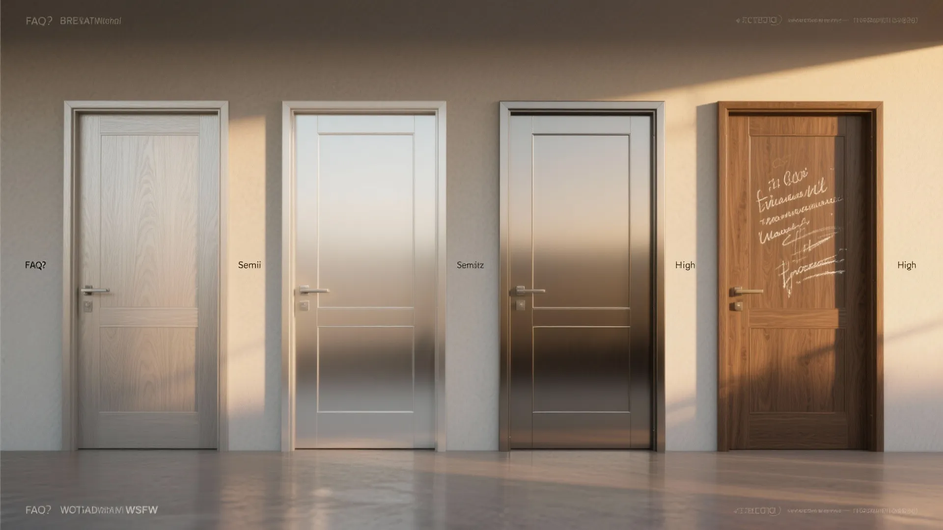 Four interior doors side by side showing different wood and metal finishes in a bright room