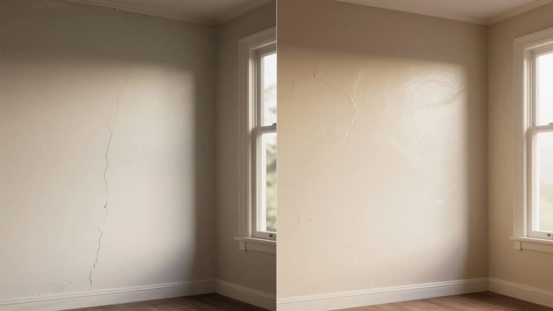 Side by side comparison showing a cracked wall surface versus a smooth repaired wall surface