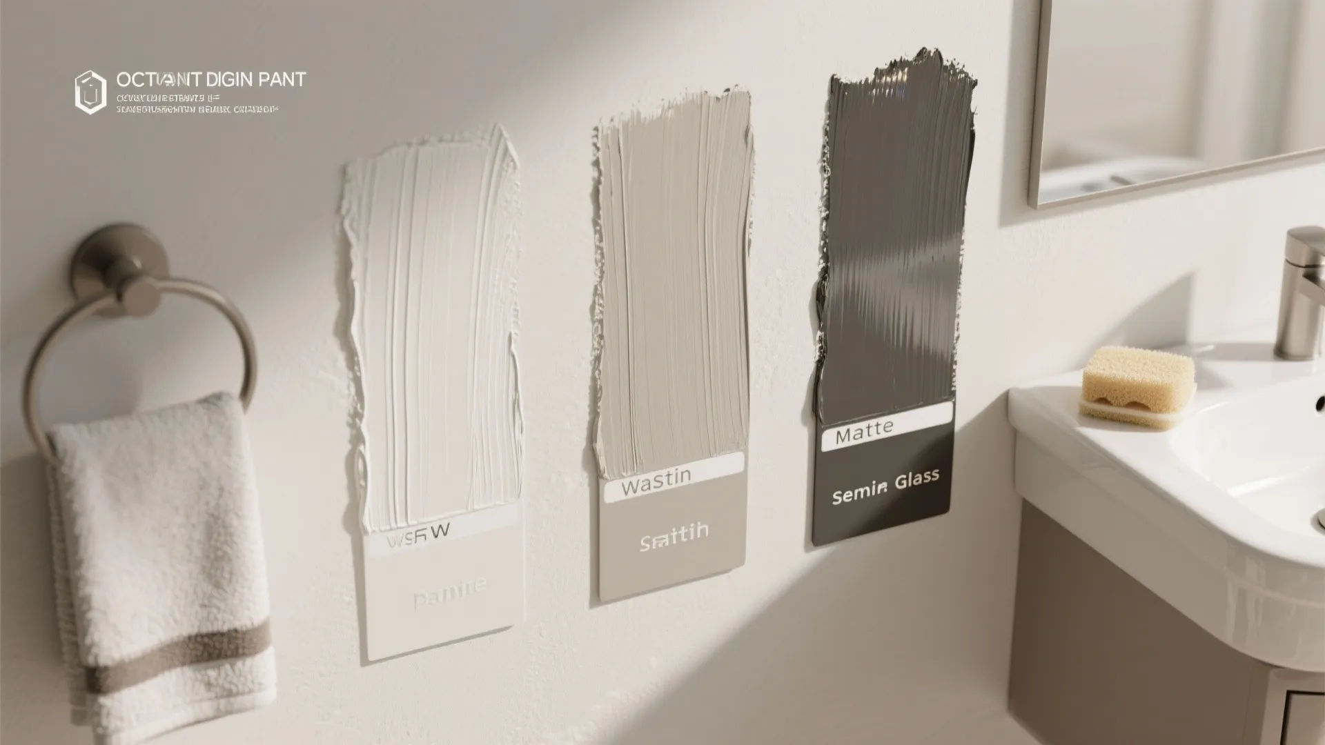 Three paint color samples showing white beige and dark grey finishes on a bathroom wall