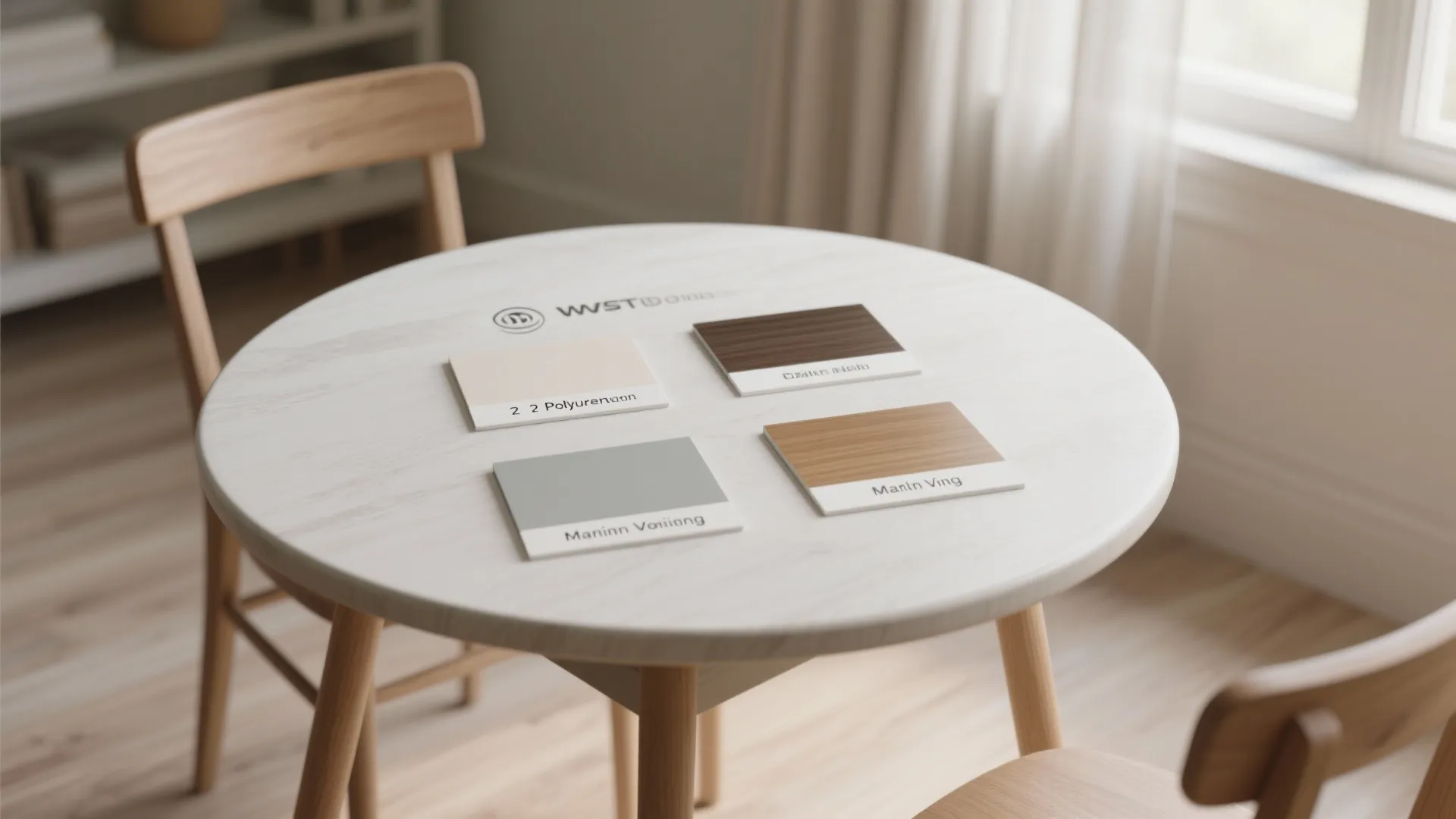 Dining table showing side-by-side finish samples: polyurethane, marine varnish, chalk paint for comparison