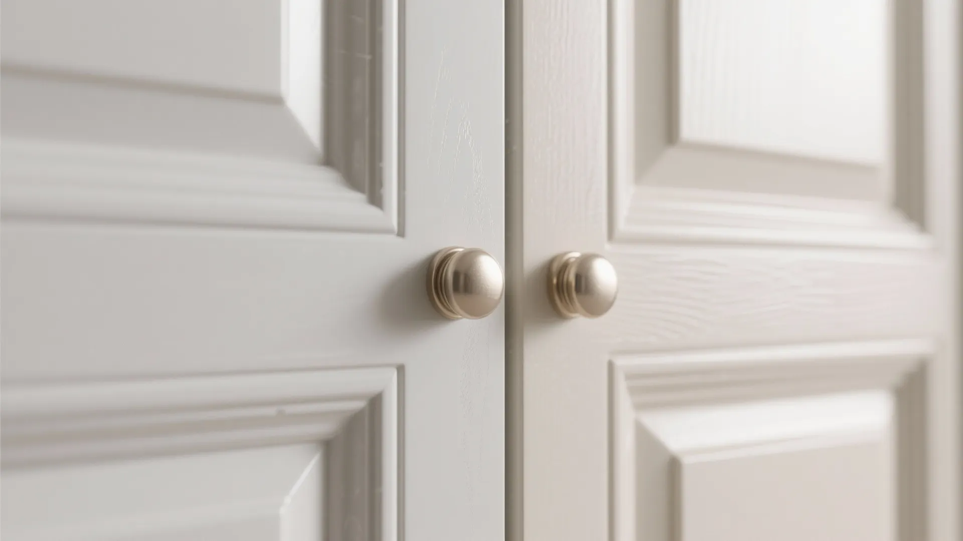 Close up comparison of two white cabinet door finishes with round metal knobs and panel details