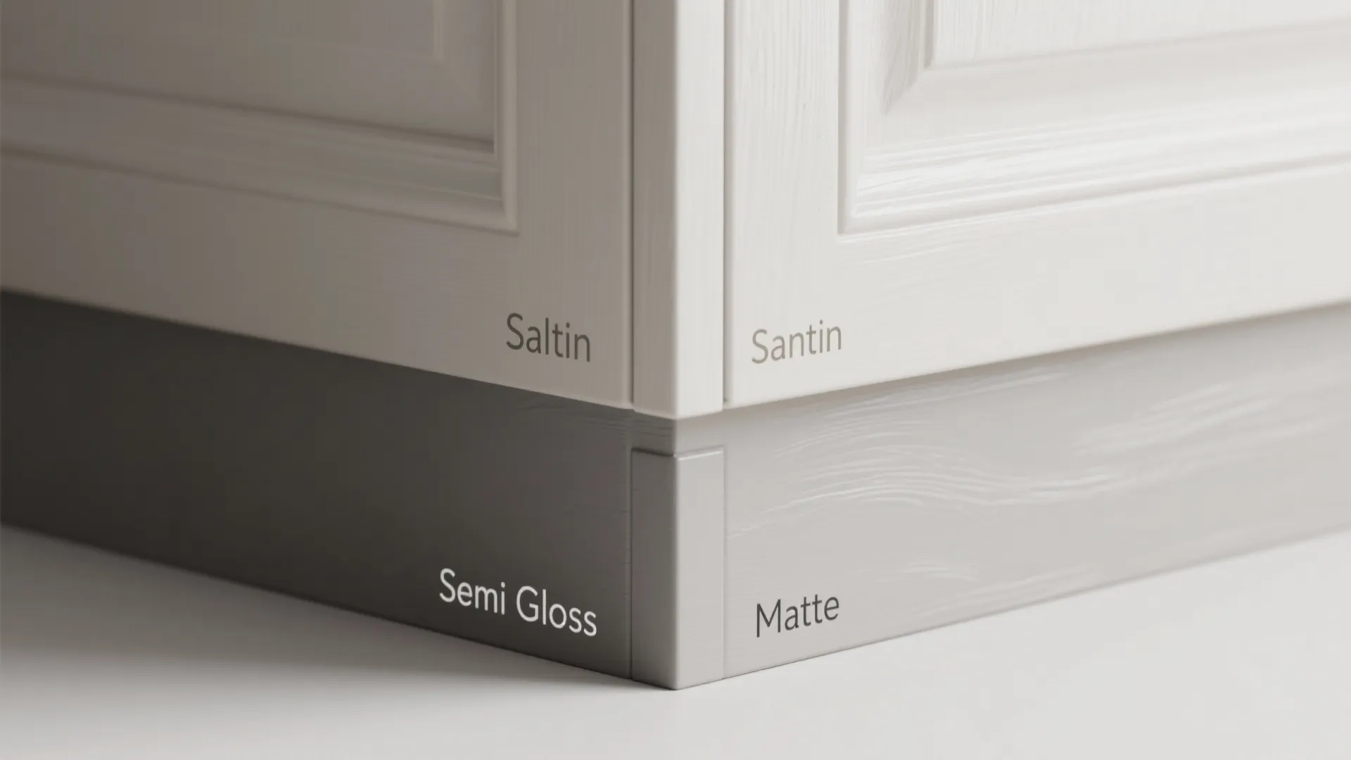Close-up comparison of satin, semi-gloss and matte cabinet finishes showing sheen differences.