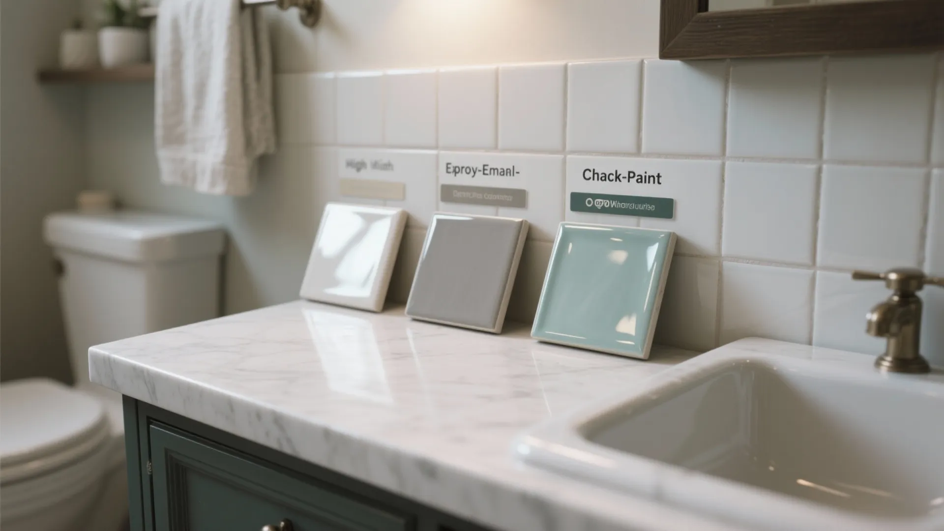 Three square tile samples in white grey and teal colors on a white marble countertop