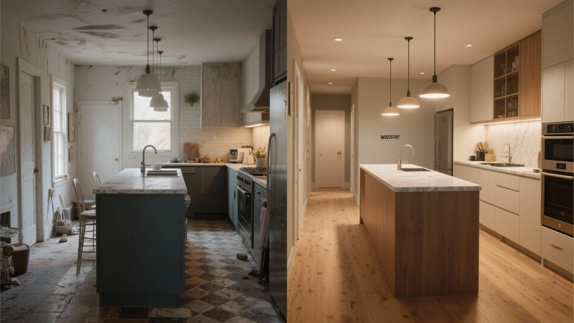 Before and after comparison of an old messy kitchen versus a modern clean wooden kitchen