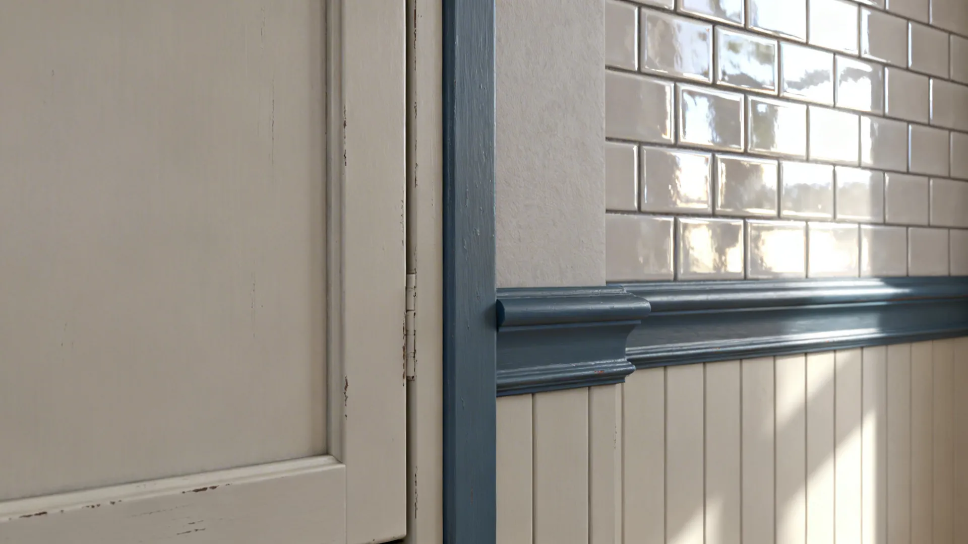 Detail of matte cabinets beside glossy backsplash with a contrasting painted trim.